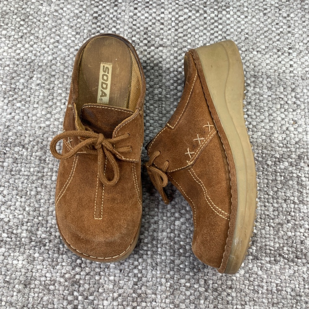 Soda Platform Mules Women Size 8 Brown Suede Lace Up Y2K Wedge Bubble Sole